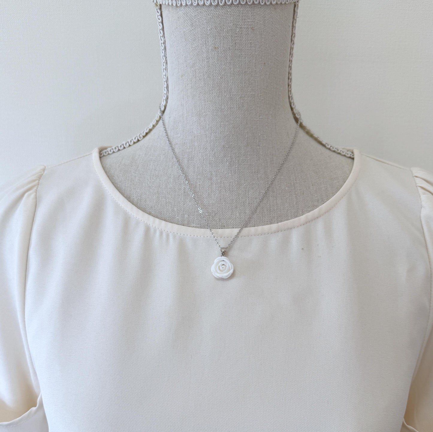 Natural White Coral Rose Pendant, 15x15mm Rose, Natural White Color Coral, Silver (rhodium plated) Bail, Genuine Precious Coral Pendant