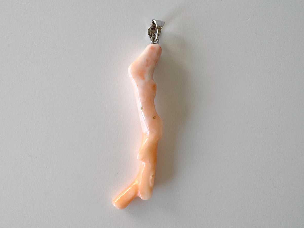 Coral Branch Pendant - Natural Deep Sea Coral Jewelry - Pink / White Branch, Rhodium-Plated Silver Bail, 50mm Length