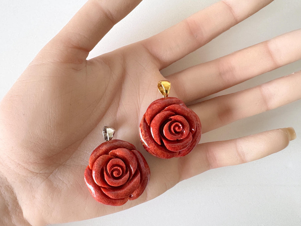 Sponge Coral Rose Pendant - Reddish-Brown Carved Jewelry - 30mm Diameter, Brass Bail, Apple Coral