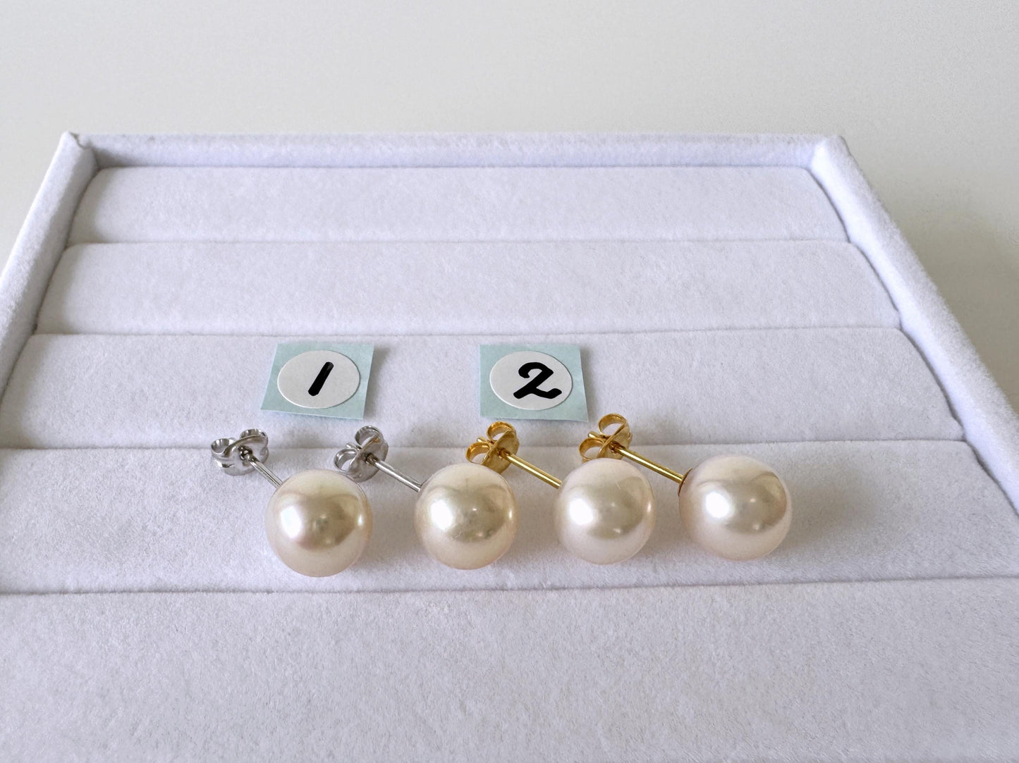 Japanese Akoya Pearl Stud Earrings - Cultured White Pearls, 8.5mm Size, Silver 925, Elegant Everyday Wear