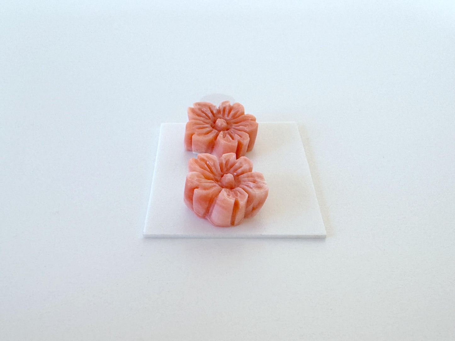 Natural Deep Sea Coral Cherry Blossom Carvings, Pink Orange Sakura Pair 14-15mm