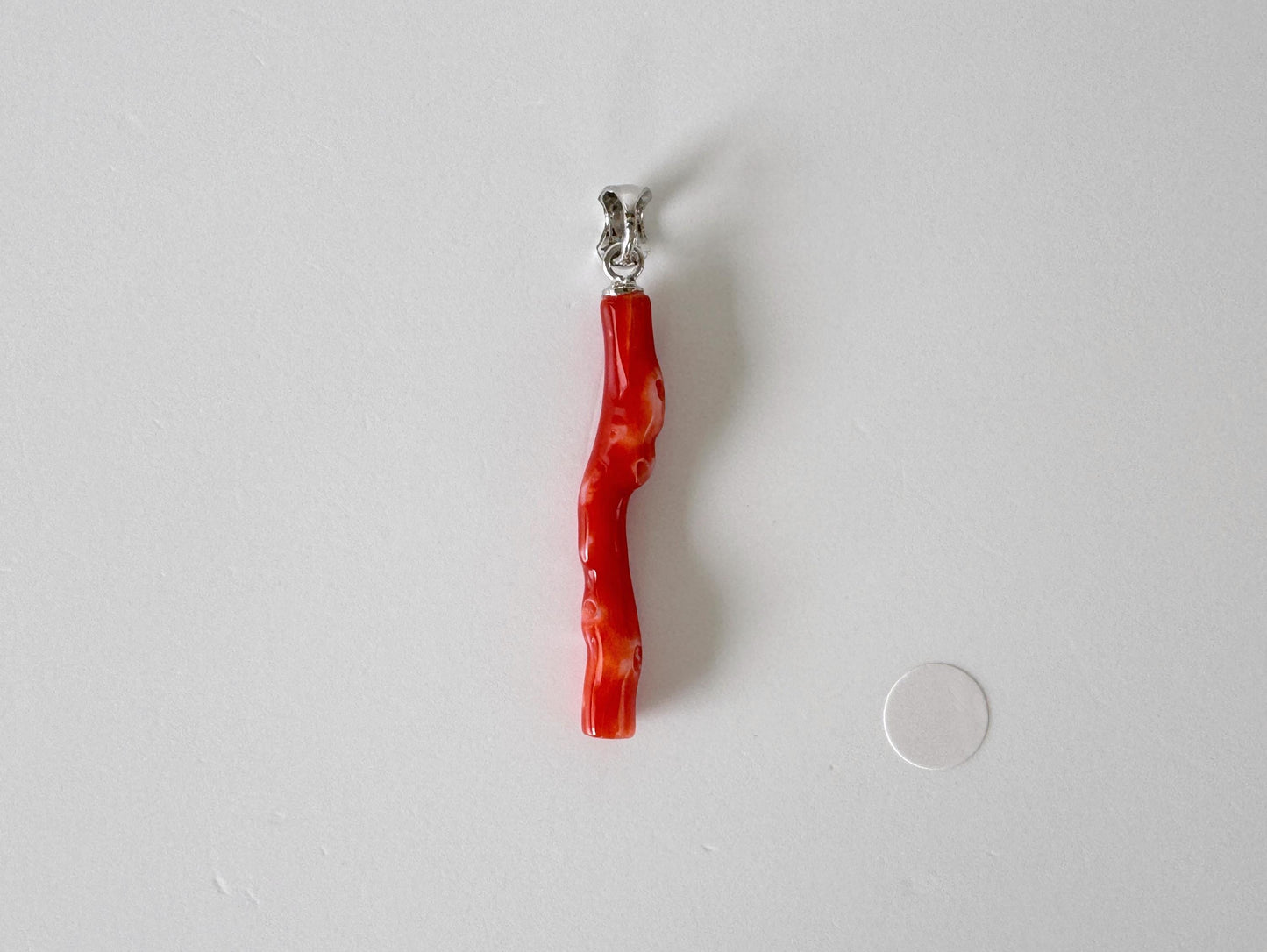 Natural Red (Aka) Coral Branch Pendant, Natural Color Japanese Coral, Length 31mm, Silver bail (rhodium plated)