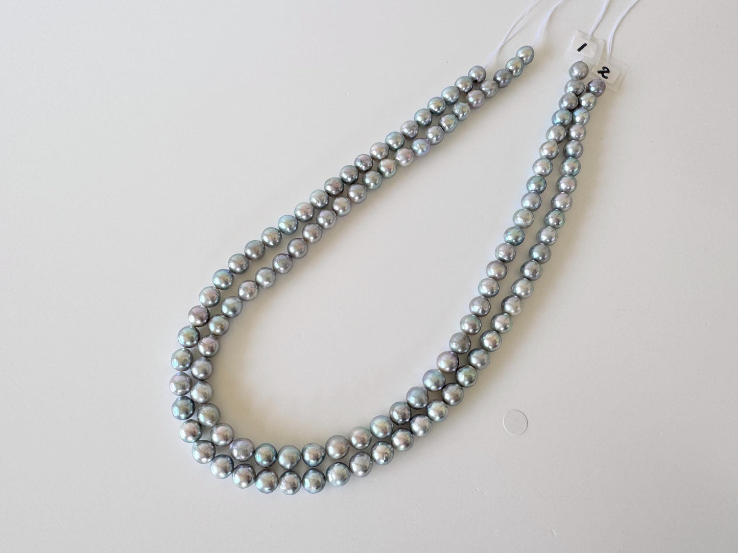 Japanese Akoya Pearl Strand - Cultured Semi-Round Beads - Natural Blue Silver Color, 7-7.5mm Size, Full 40cm Length