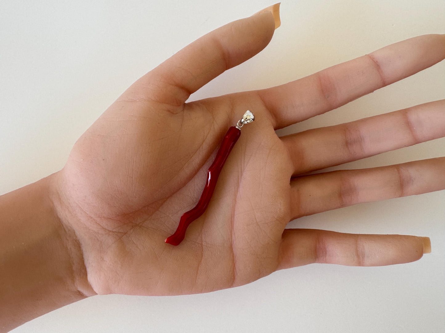 Natural Red (Aka) Coral Branch Pendant, Oxblood, Natural Color Japanese Coral, Length 50mm, Silver bail (rhodium plated)