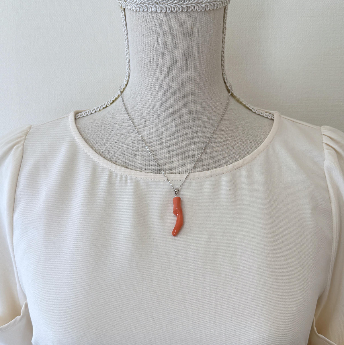 Momo Coral Branch Pendant Natural Jewelry, Japanese Orange Coral (35mm Length, Rhodium-Plated Silver Bail)