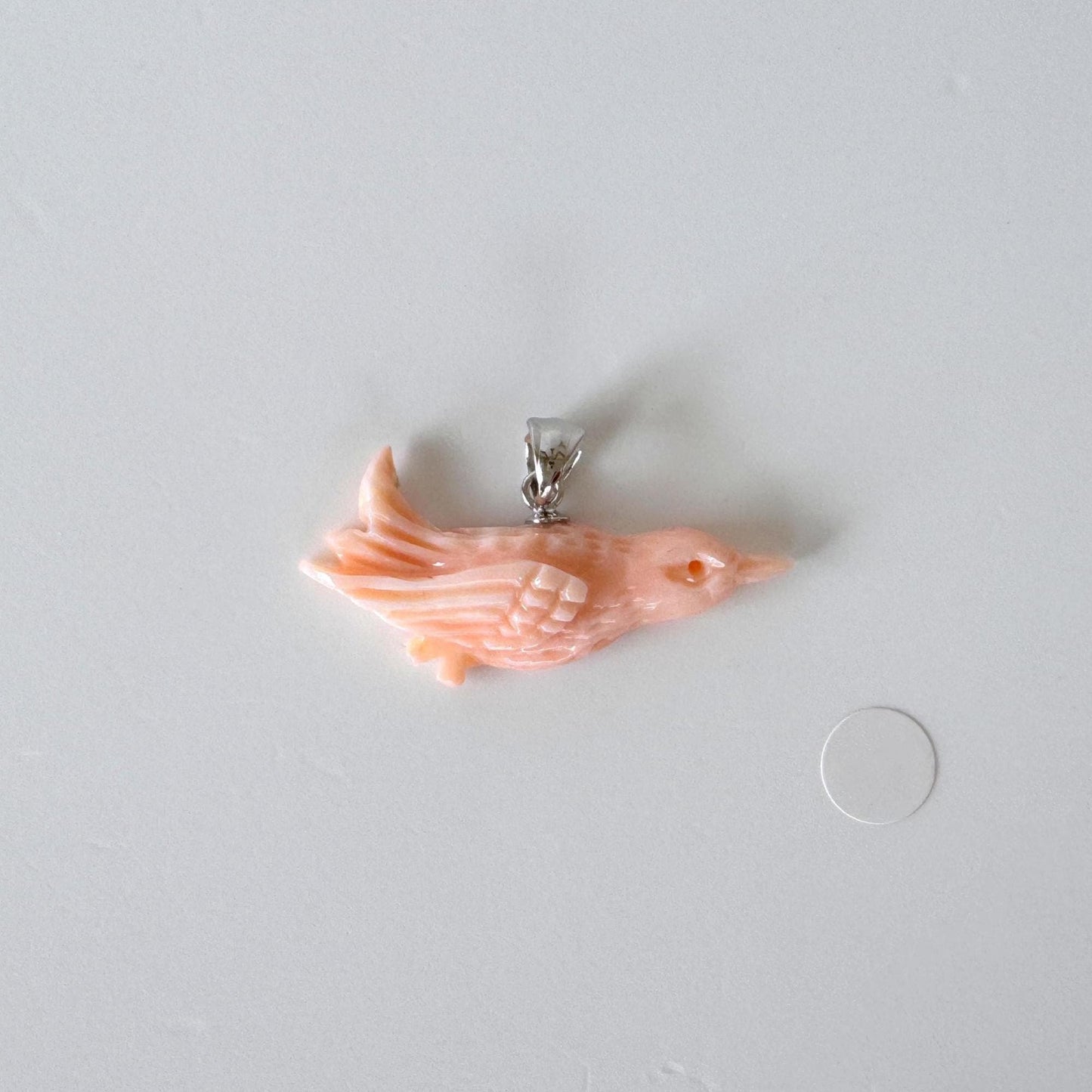 Carved Coral Bird Pendant Natural Jewelry, Pink Deep Sea Coral (34x9.2mm, Rhodium Silver Bail, Hand Carved)