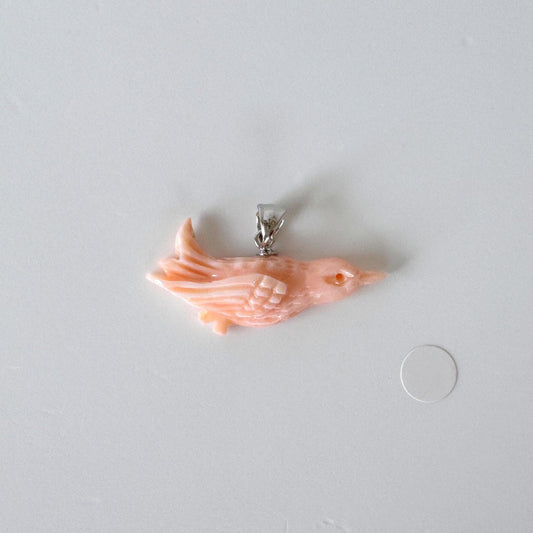 Carved Coral Bird Pendant Natural Jewelry, Pink Deep Sea Coral (34x9.2mm, Rhodium Silver Bail, Hand Carved)