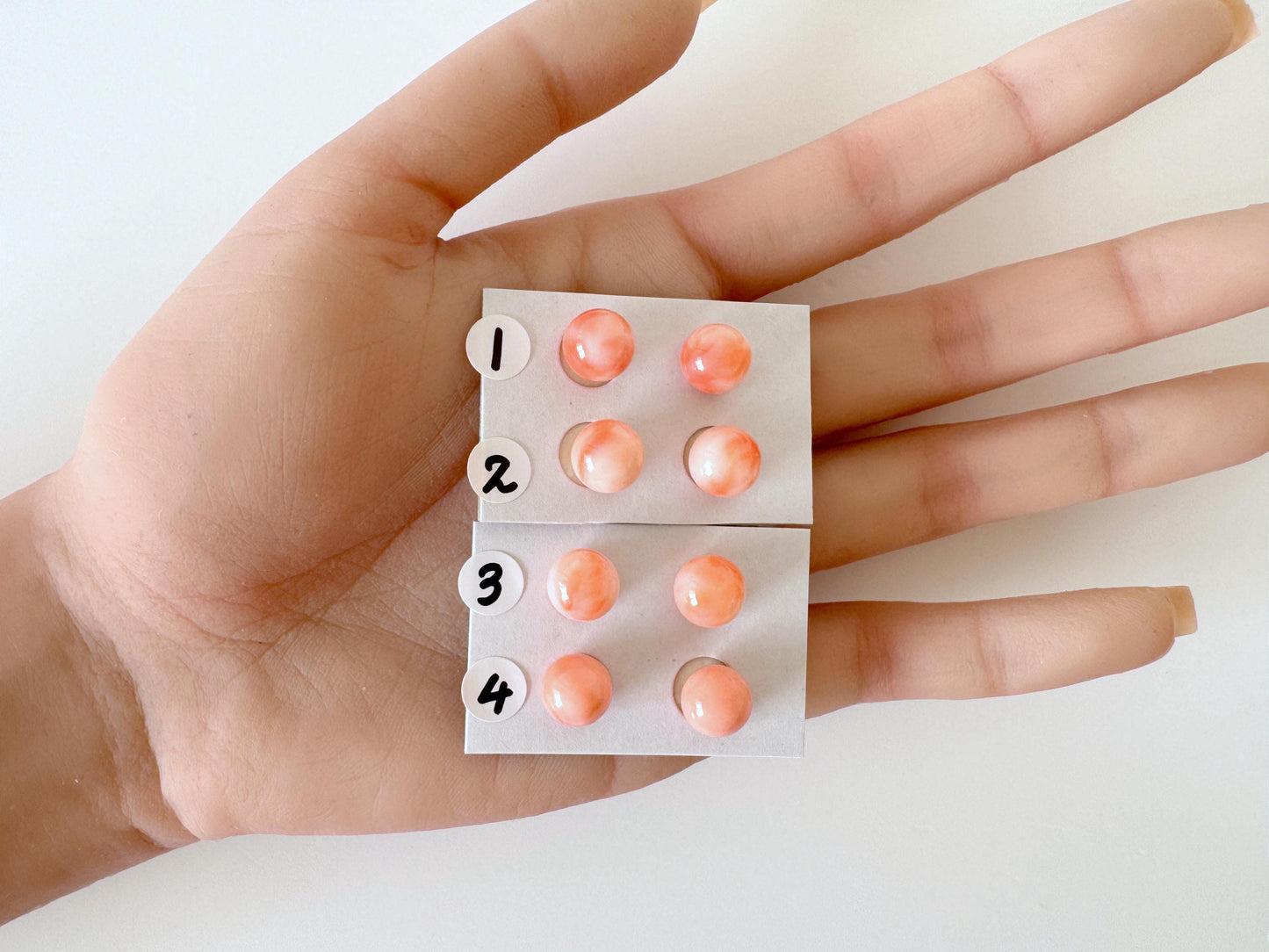 Deep Sea Coral Beads: 8.5-9mm Pink, Orange, White Round Half Drilled Pair