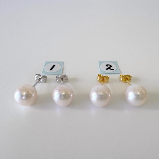 Japanese White Akoya Pearl Stud Earrings, 8mm, Silver 925 Post/Ear Nuts, Genuine Akoya Pearl, Salt water cultured pearl