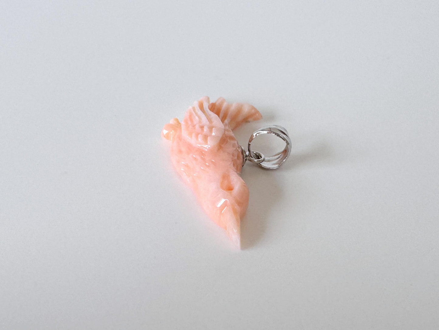 Carved Coral Bird Pendant Natural Jewelry, Pink Deep Sea Coral (34x9.2mm, Rhodium Silver Bail, Hand Carved)