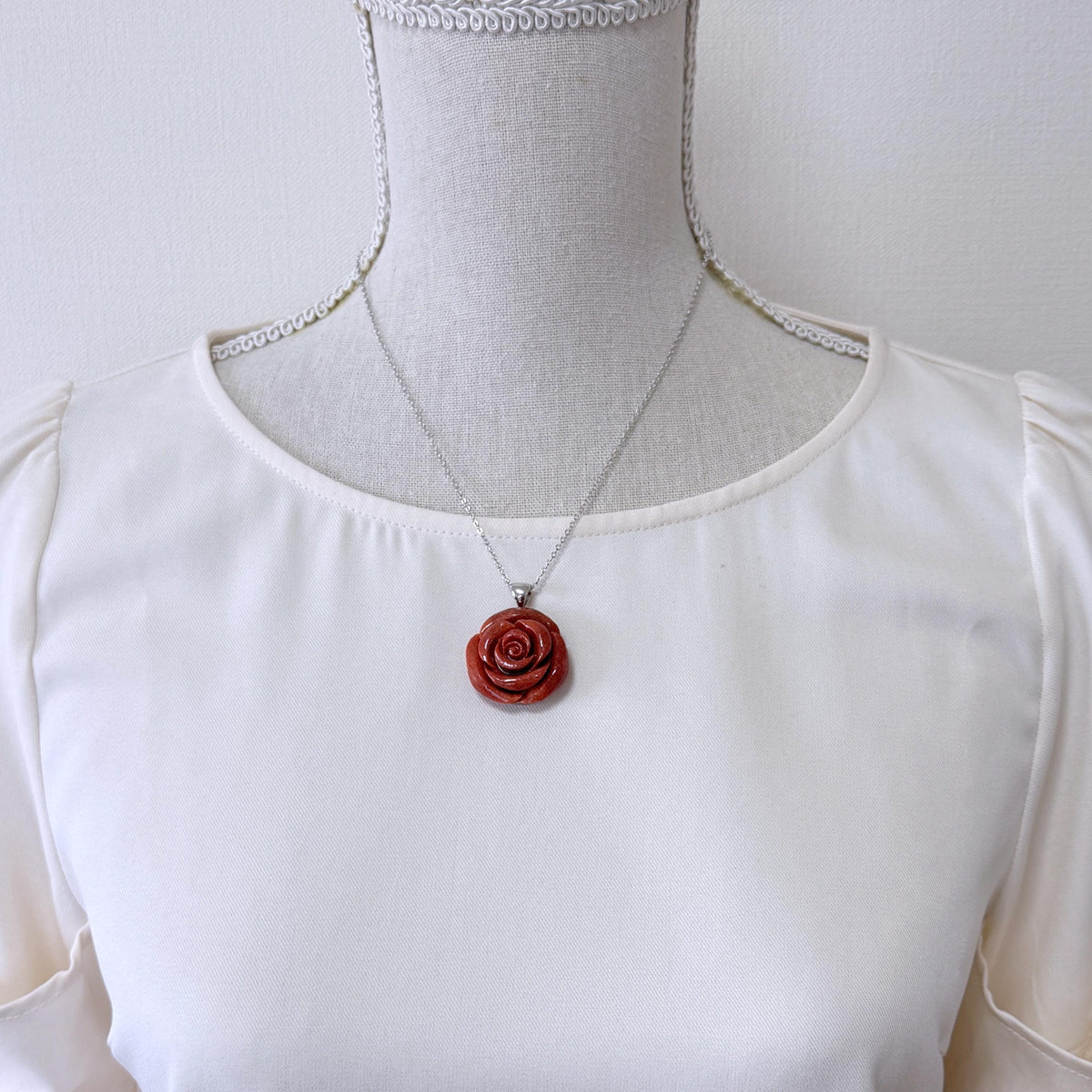 Sponge Coral Rose Pendant - Reddish-Brown Carved Jewelry - 30mm Diameter, Brass Bail, Apple Coral