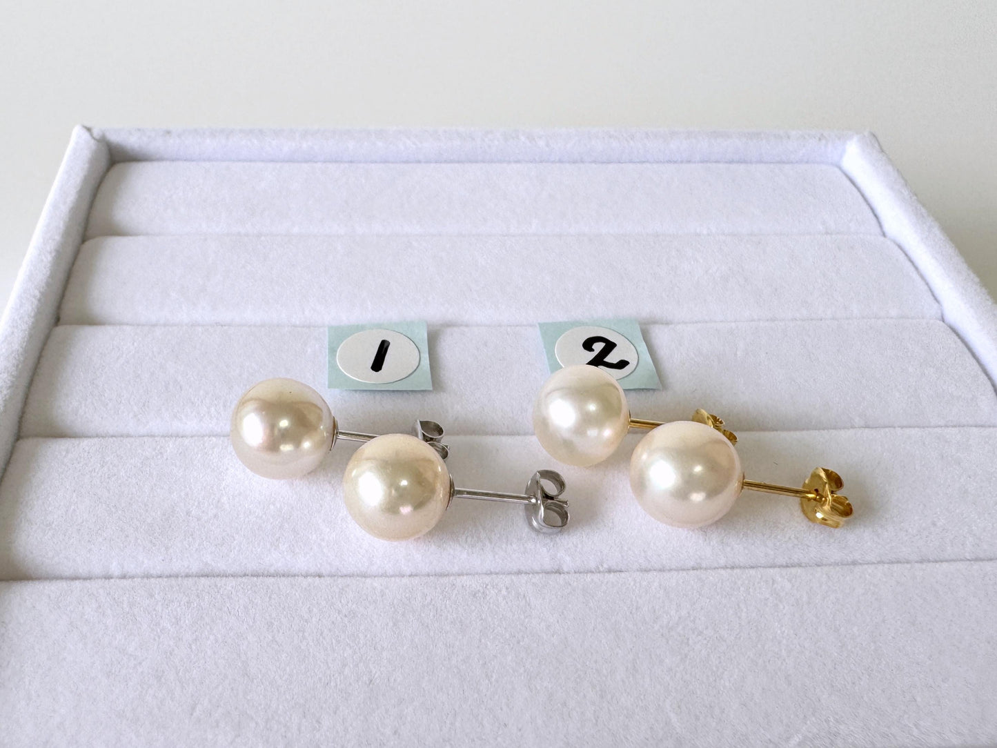 Japanese Akoya Pearl Stud Earrings - Cultured White Pearls, 8.5mm Size, Silver 925, Elegant Everyday Wear