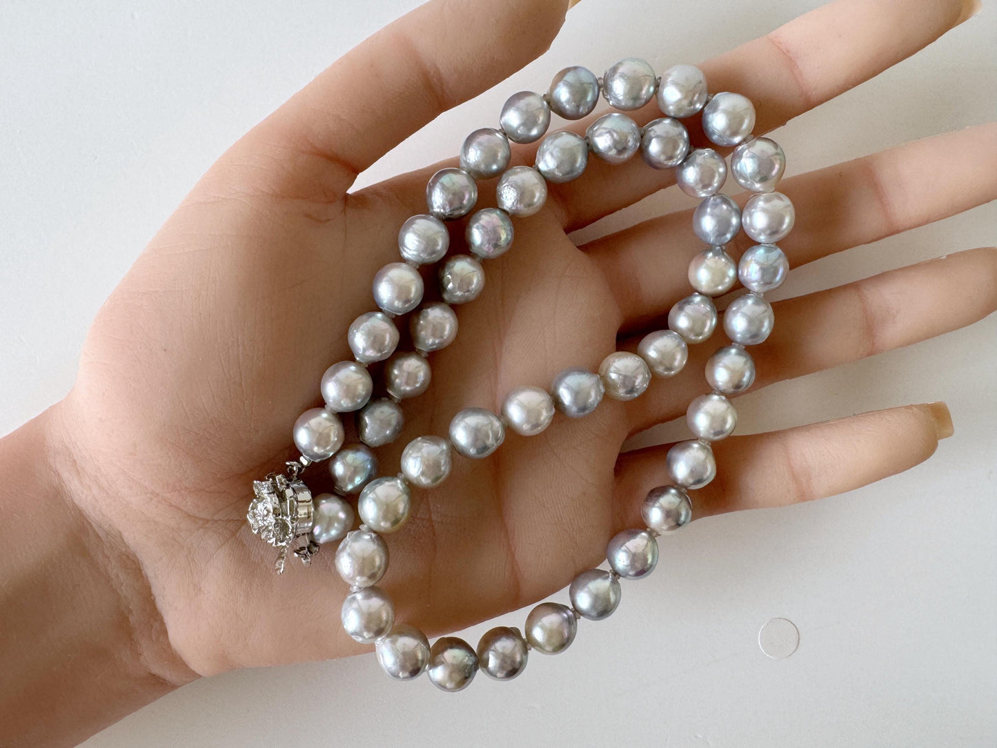 Japanese Akoya Pearl : Natural Blue Silver Color - Cultured Saltwater Pearls, 8-8.5mm Beads, Silver Clasp Necklace, 45cm