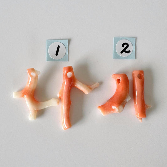Momo Coral Branch Natural Orange, Loose Set of 2 Pieces (20-28mm Length, Genuine Coral, Drilled Holes, Jewelry Supplies)