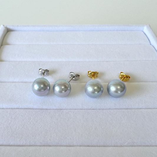 Japanese Akoya Pearl Stud Earrings, Blue Silver Treated (8mm, Silver925 Posts, Saltwater Cultured)