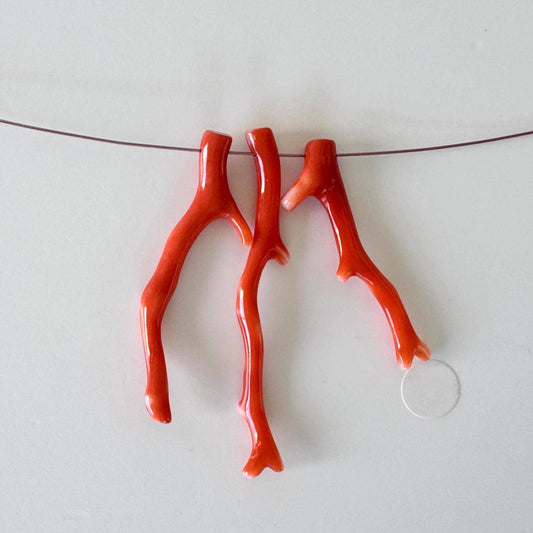 Momo Coral Branches - Japanese Natural Orange Coral - Set of 3pcs, Side Through-Hole, Genuine Precious Material for Jewelry
