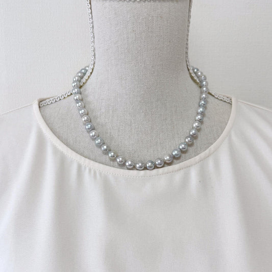 Japanese Akoya Pearl : Natural Blue Silver Color - Cultured Saltwater Pearls, 8-8.5mm Beads, Silver Clasp Necklace, 45cm