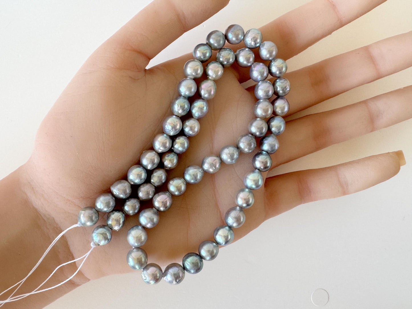 Japanese Akoya Pearl Strand - Cultured Semi-Round Beads - Natural Blue Silver Color, 7-7.5mm Size, Full 40cm Length