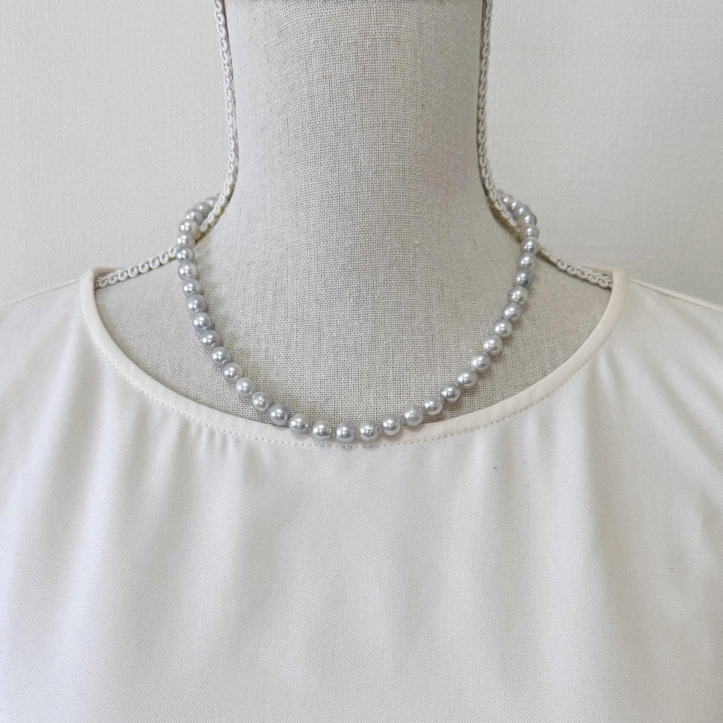 Japanese Akoya Pearl : Natural Blue Silver Color - Cultured Saltwater Pearls, 7-7.5mm Beads, Silver Clasp Necklace, 45cm