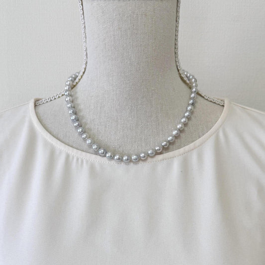 Japanese Akoya Pearl : Natural Blue Silver Color - Cultured Saltwater Pearls, 7-7.5mm Beads, Silver Clasp Necklace, 45cm
