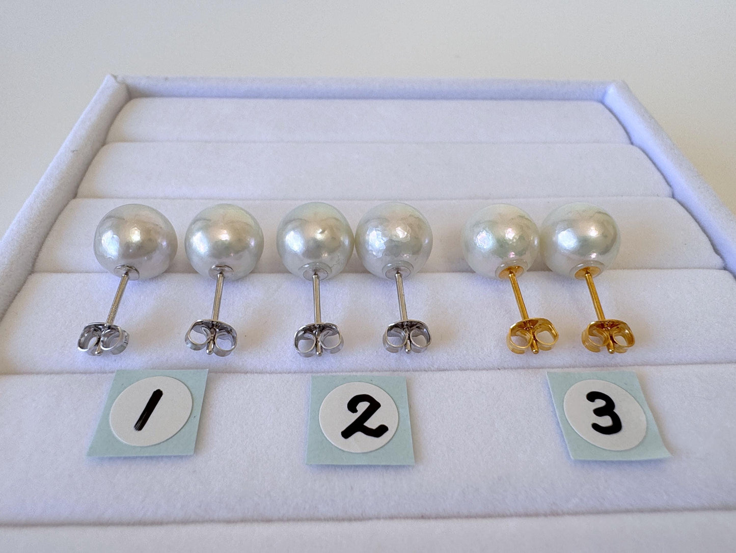 Akoya Pearl Stud Earrings: Japanese Natural Light Blue Pearls, Silver 925 (9.5mm Semi-Round, Saltwater Cultured)