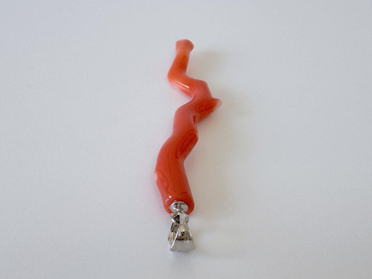 Momo Coral Branch Pendant Natural Jewelry, Japanese Orange Coral (55mm Length, Rhodium-Plated Silver Bail)