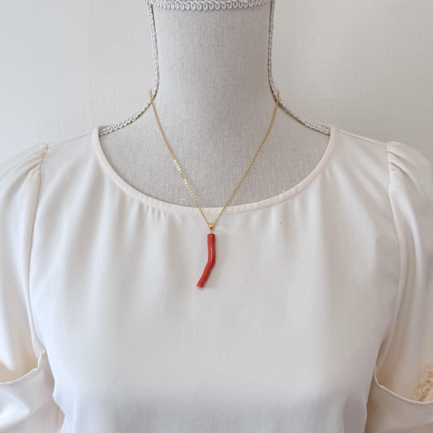 Momo Coral Branch Pendant: Vermilion Orange Coral - Natural Japanese, Silver Gold-Plated Bail, 44mm Length