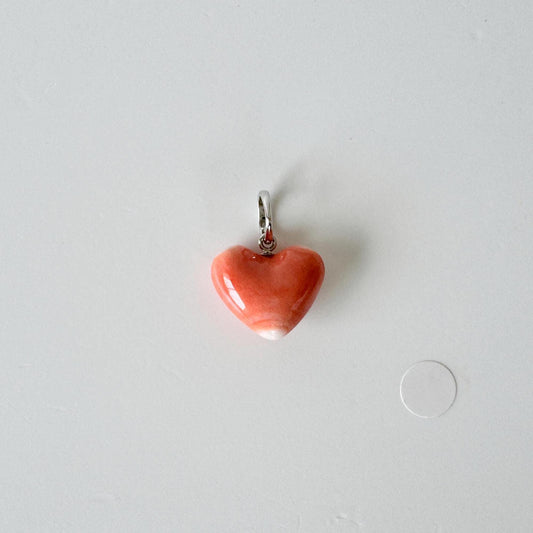 Orange Momo Coral Pendant - Natural Heart Shaped Coral Jewelry - Silver Bail (Rhodium-Plated), Genuine Material, 13.7x15.3mm