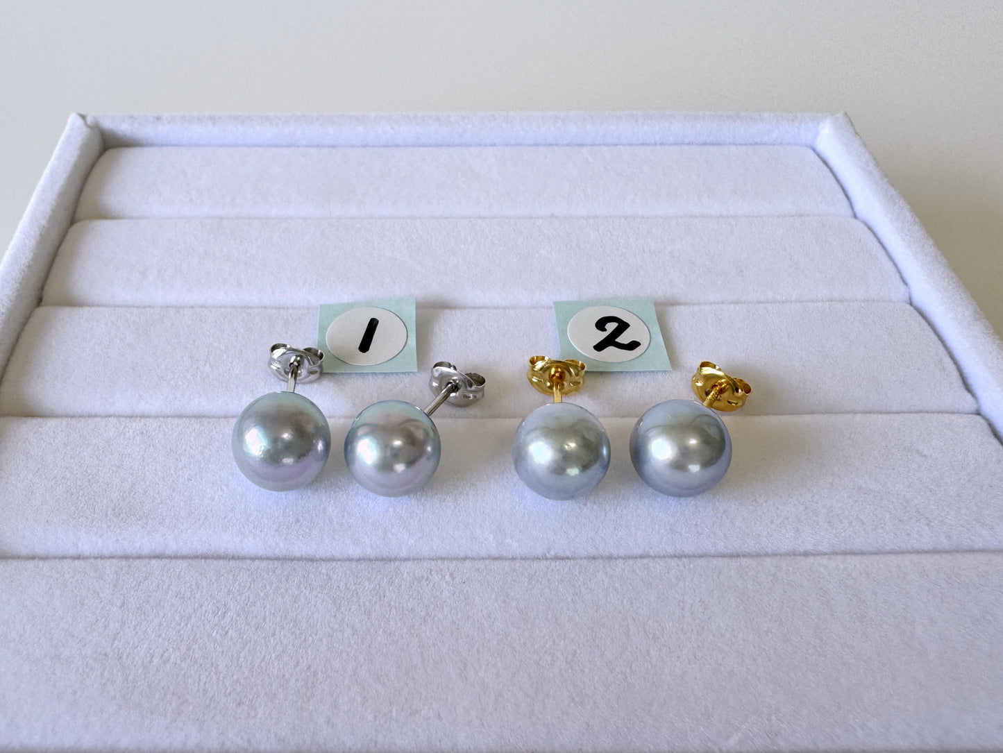 Japanese Akoya Pearl Stud Earrings, Blue Silver Treated (8mm, Silver925 Posts, Saltwater Cultured)