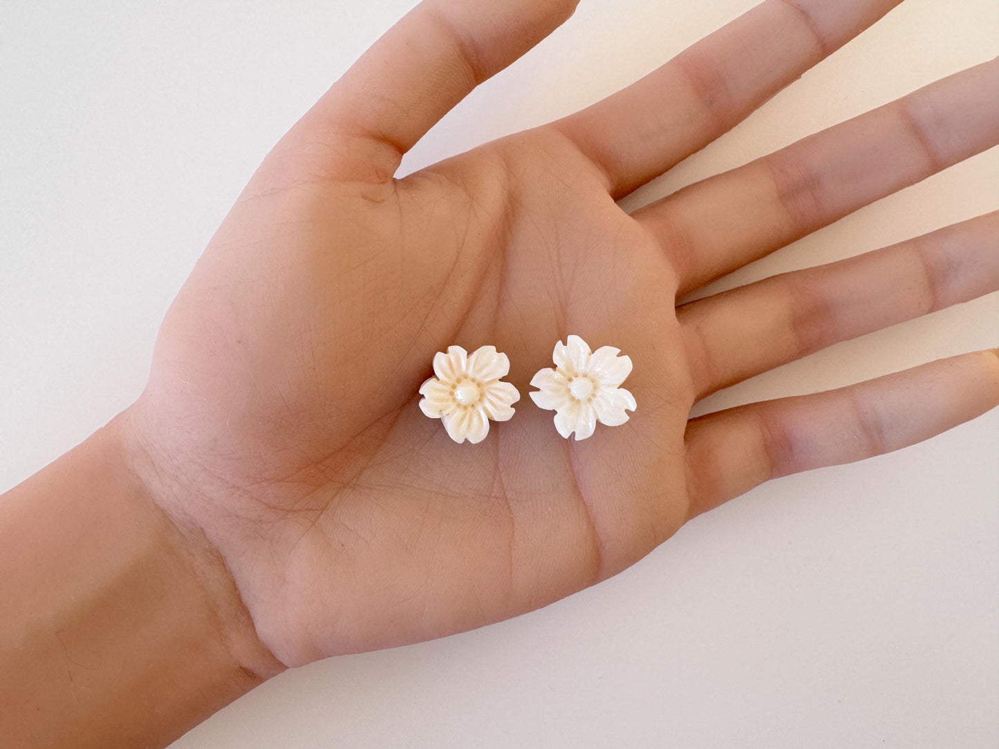 Natural Coral Carving - White Cherry Blossom, 15.5mm Sakura Pair