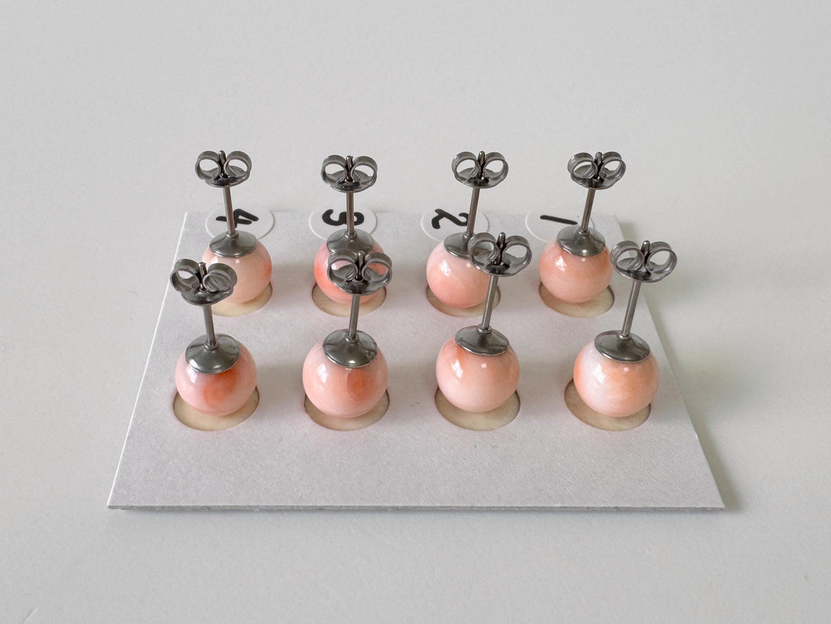 Deep Sea Coral Stud Earrings - Natural Pink Orange Round Shape - Titanium Post Backing, Genuine Coral, 7.5mm