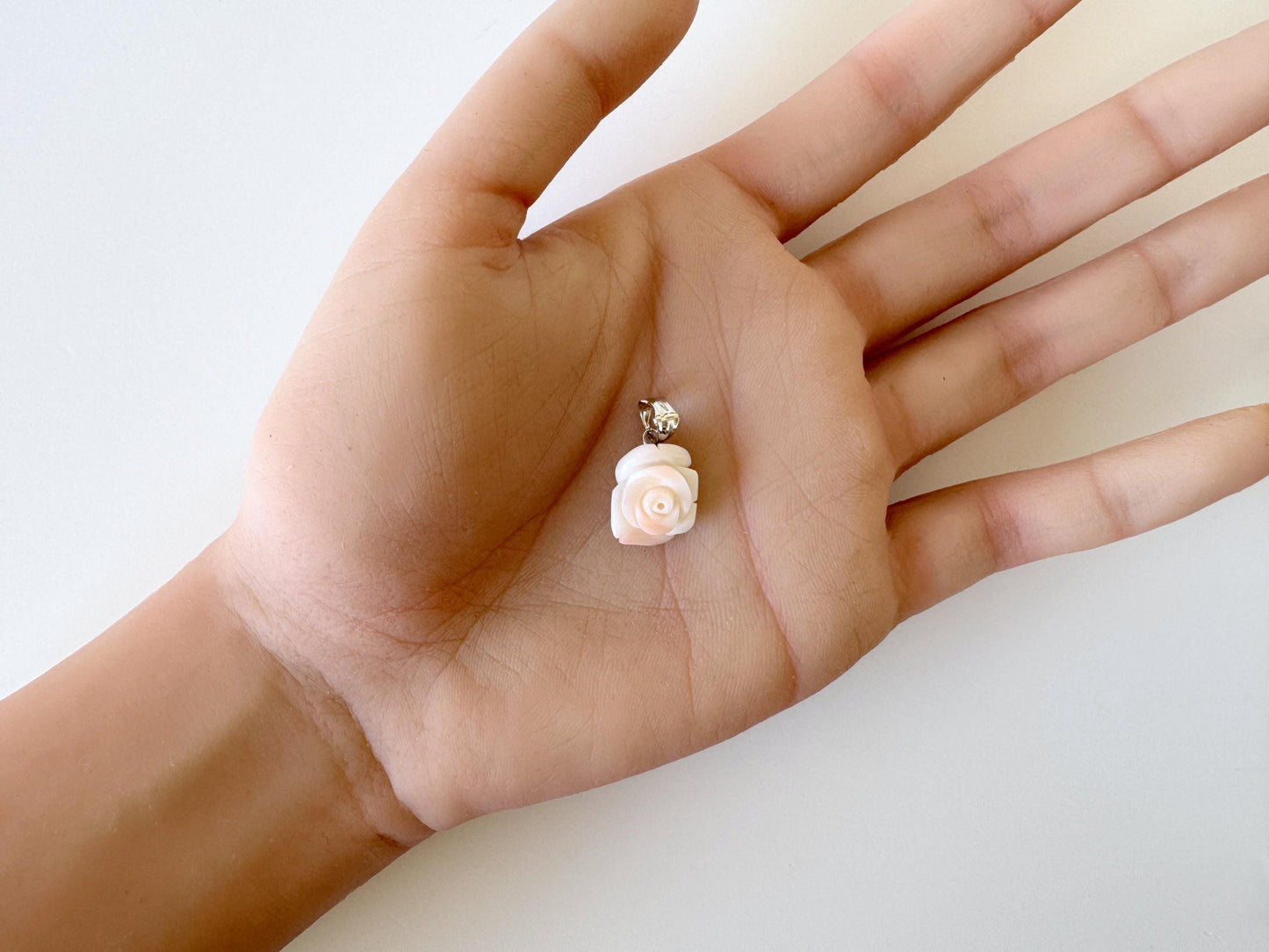 Deep Sea Coral Rose carved Pendant, 14.4x11.6mm, Natural Pink/White Color Coral, Silver (rhodium plated) bail, Genuine Coral Pendant
