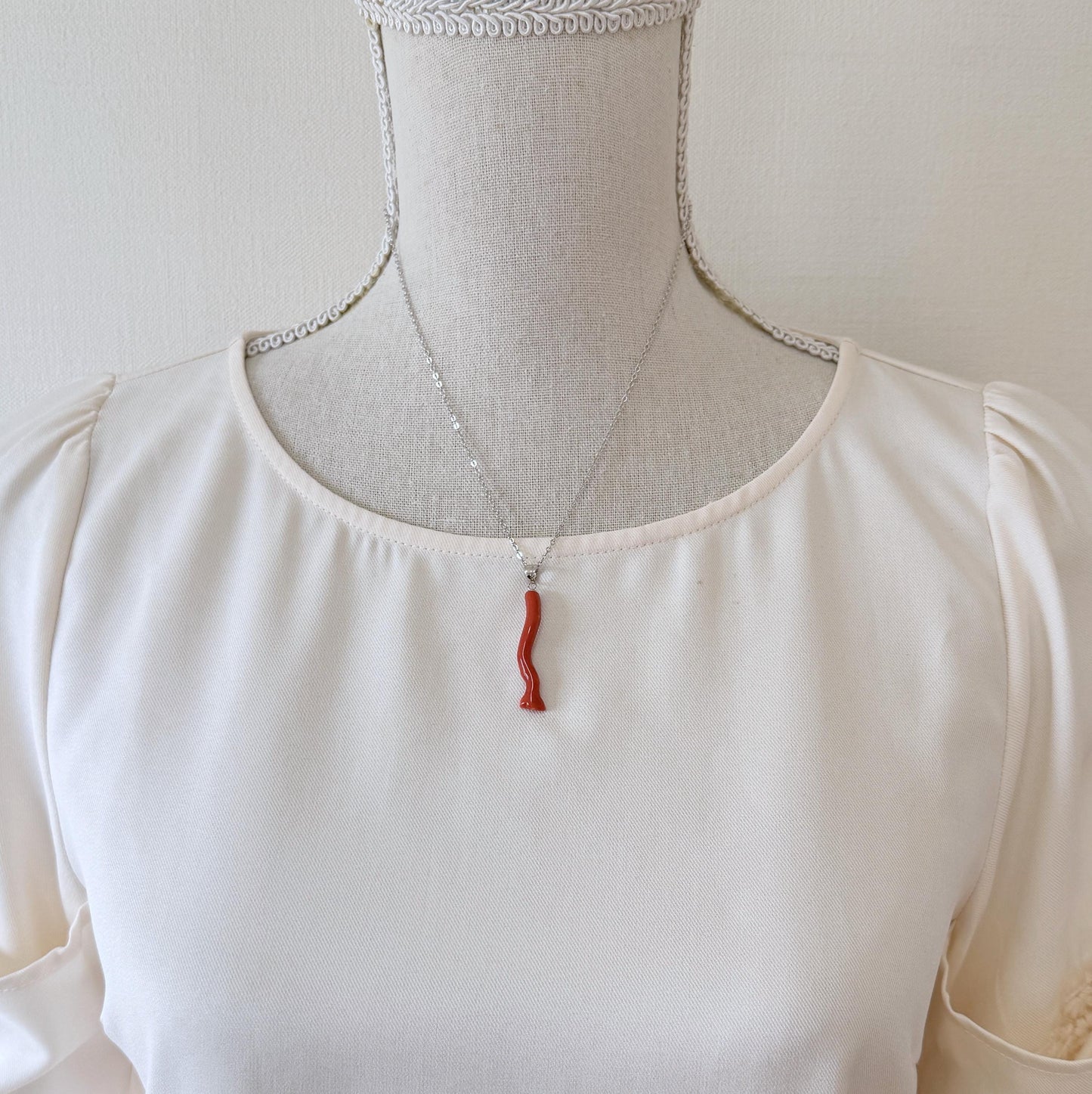 Momo Coral Branch Pendant: Vermilion Japanese Orange Coral, Rhodium Silver Bail | 35mm, Natural Deep Sea Jewelry, Unique Gift