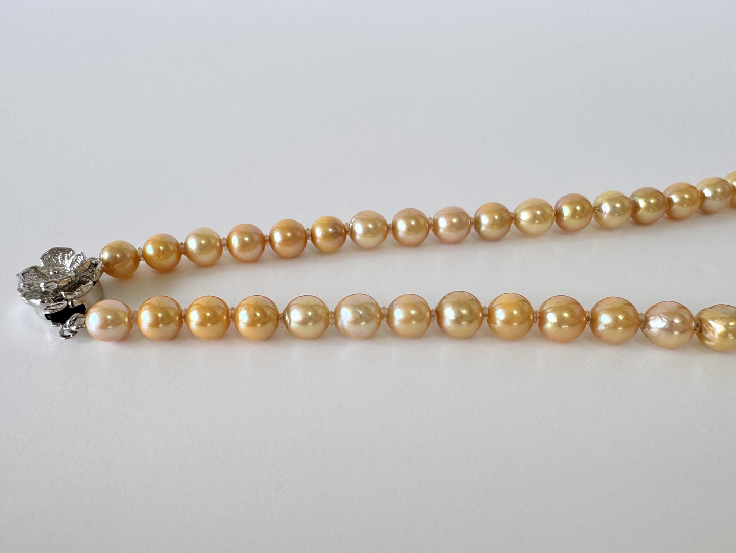 Japanese Akoya Cultured Pearl Necklace: 6-9.2mm Color Treated Gold  Semi-Baroque/Semi-Round, Silver Clasp | Saltwater Pearls, 45cm Strand