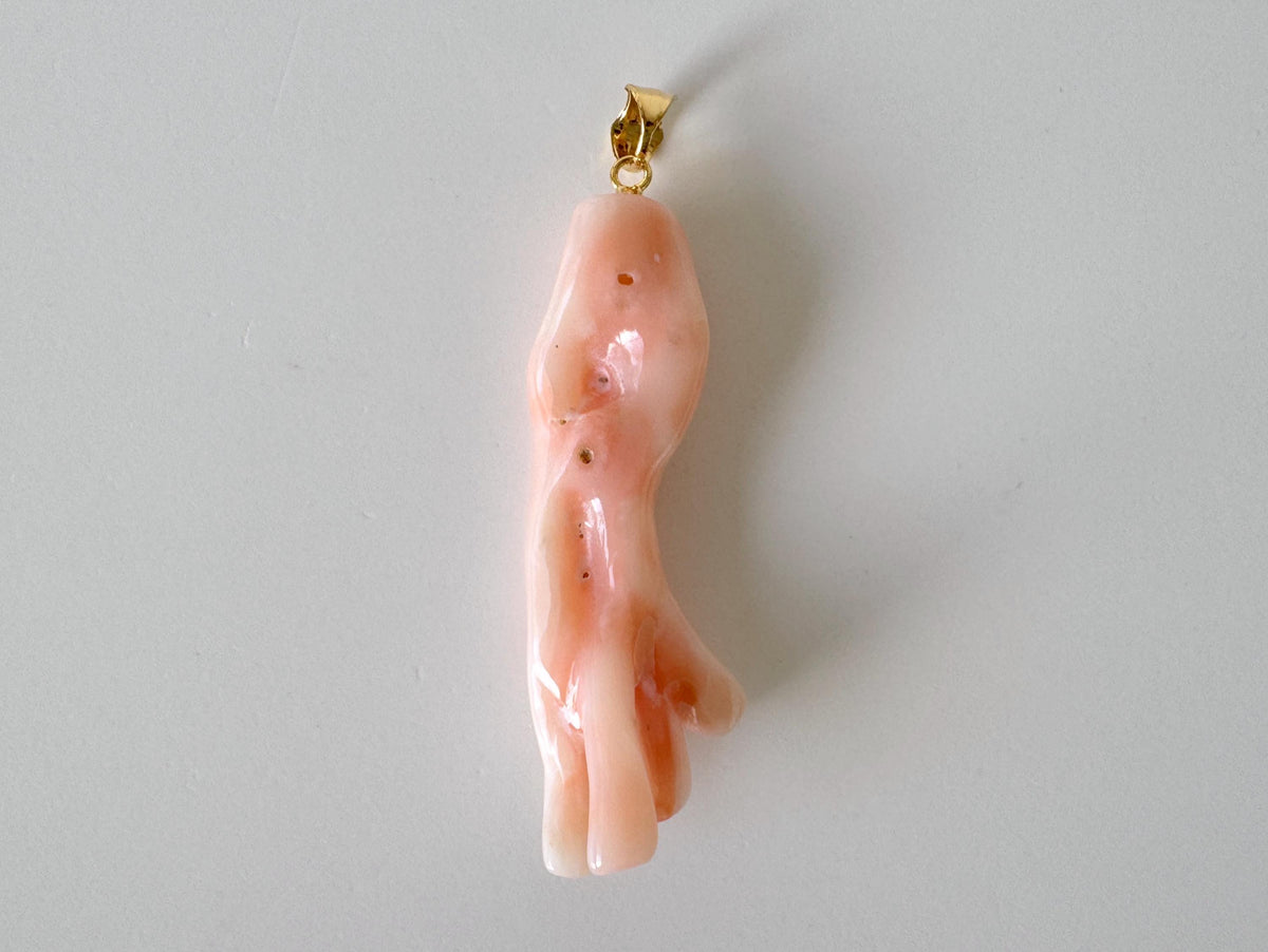 Coral Branch Pendant: Natural Pink Orange Deep Sea Coral - Gold-Plated Silver Bail, 48mm Length