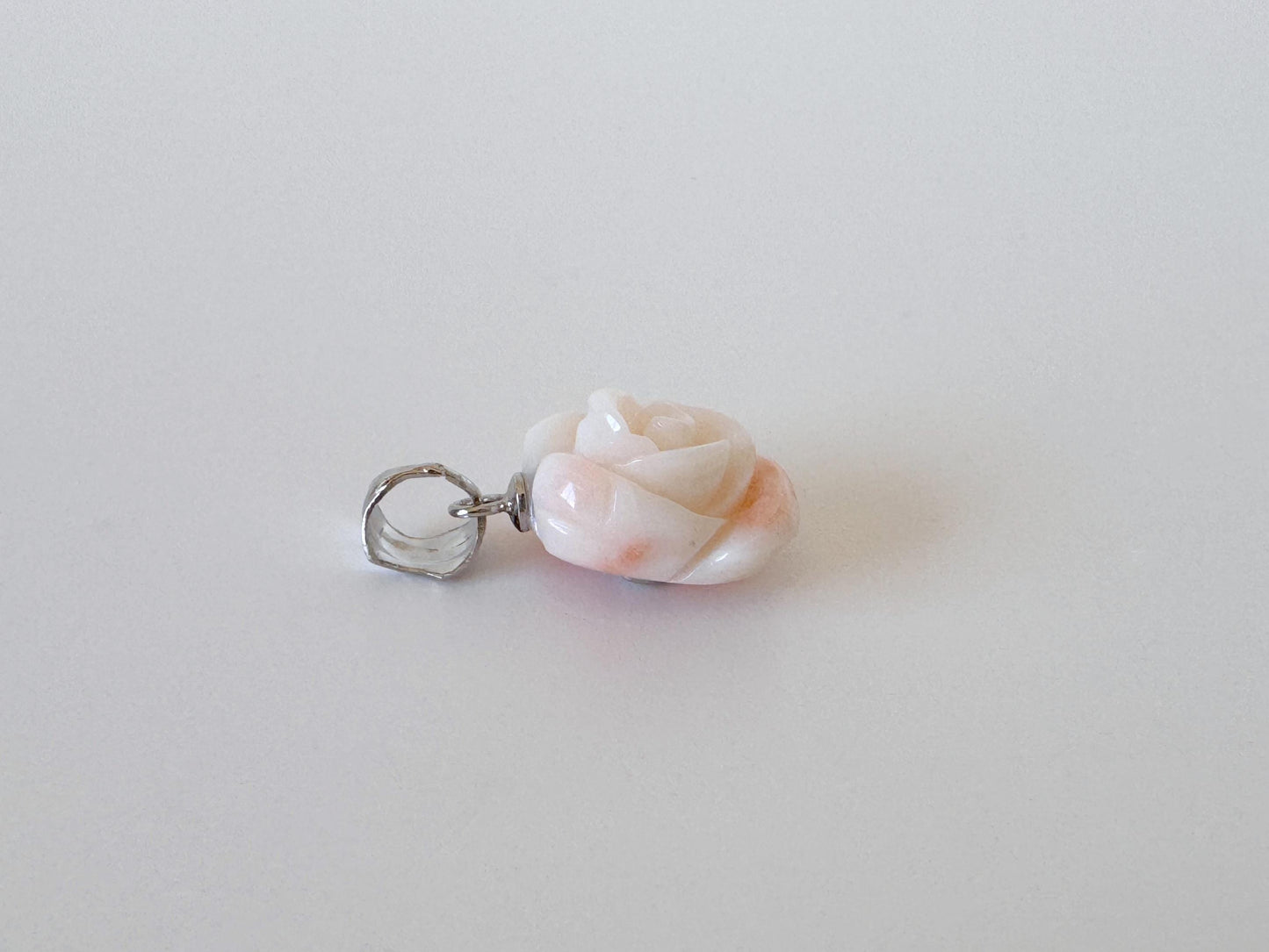 Genuine Coral Rose Pendant: Pink and White Carved Deep Sea Coral Jewelry (Silver Bail, 13.9x11.7mm, Amulet)