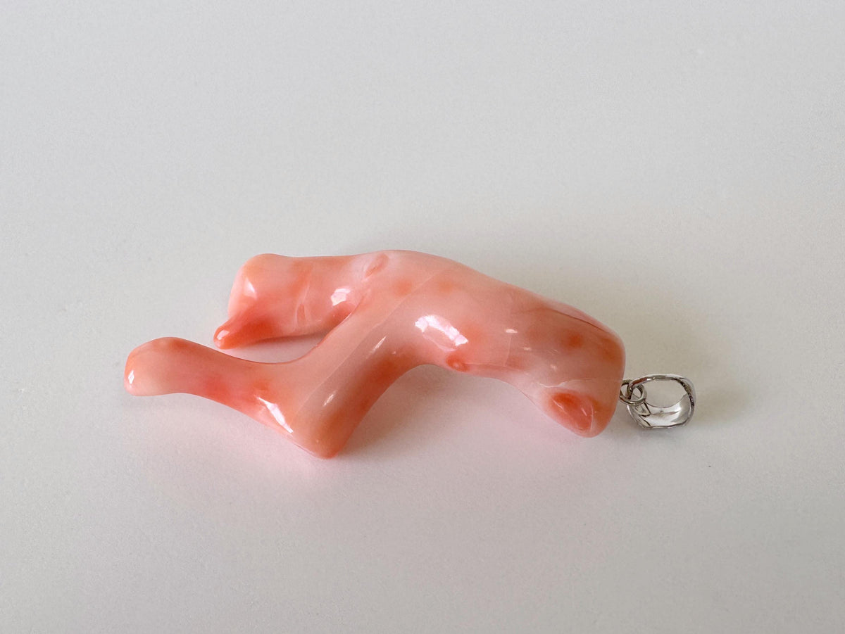 Coral Branch Pendant - Natural Deep Sea Coral Jewelry - Pink Orange Branch, Rhodium-Plated Silver Bail, 45mm Length