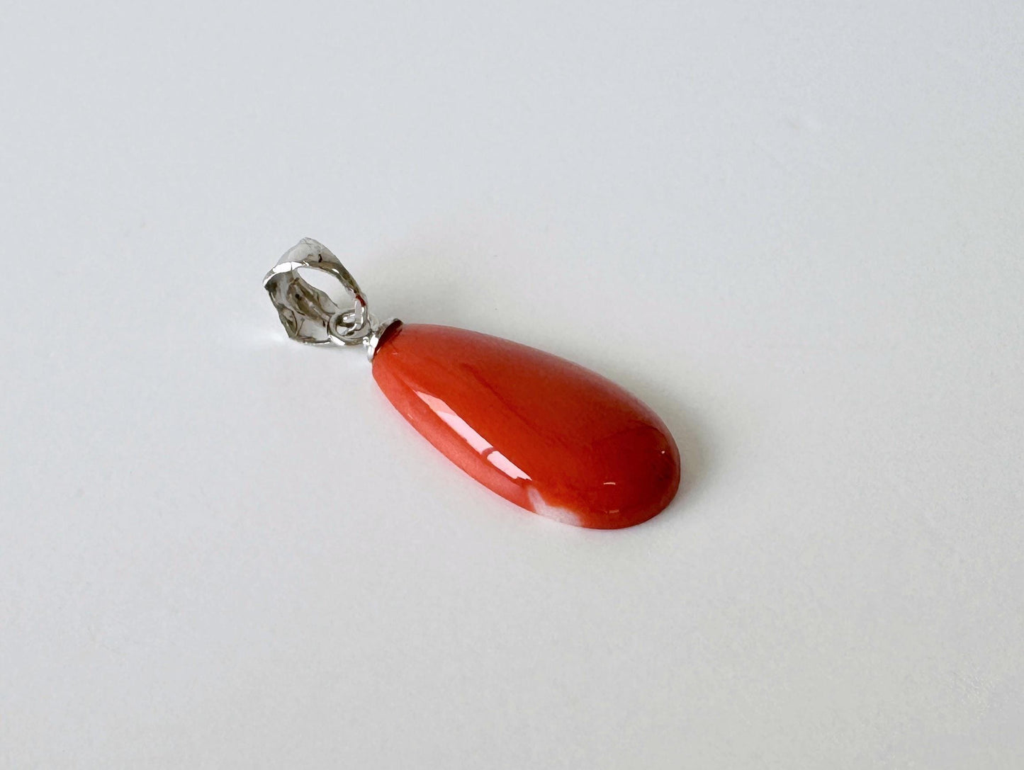 Orange Momo Coral Pendant - Natural Pear Shaped Coral Jewelry - Silver Bail (Rhodium-Plated), Genuine Material, 18x10.4mm