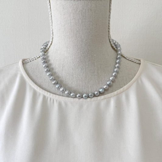 Japanese Akoya Pearl : Natural Blue Silver Color - Cultured Saltwater Pearls, 8-8.5mm Beads, Silver Clasp Necklace
