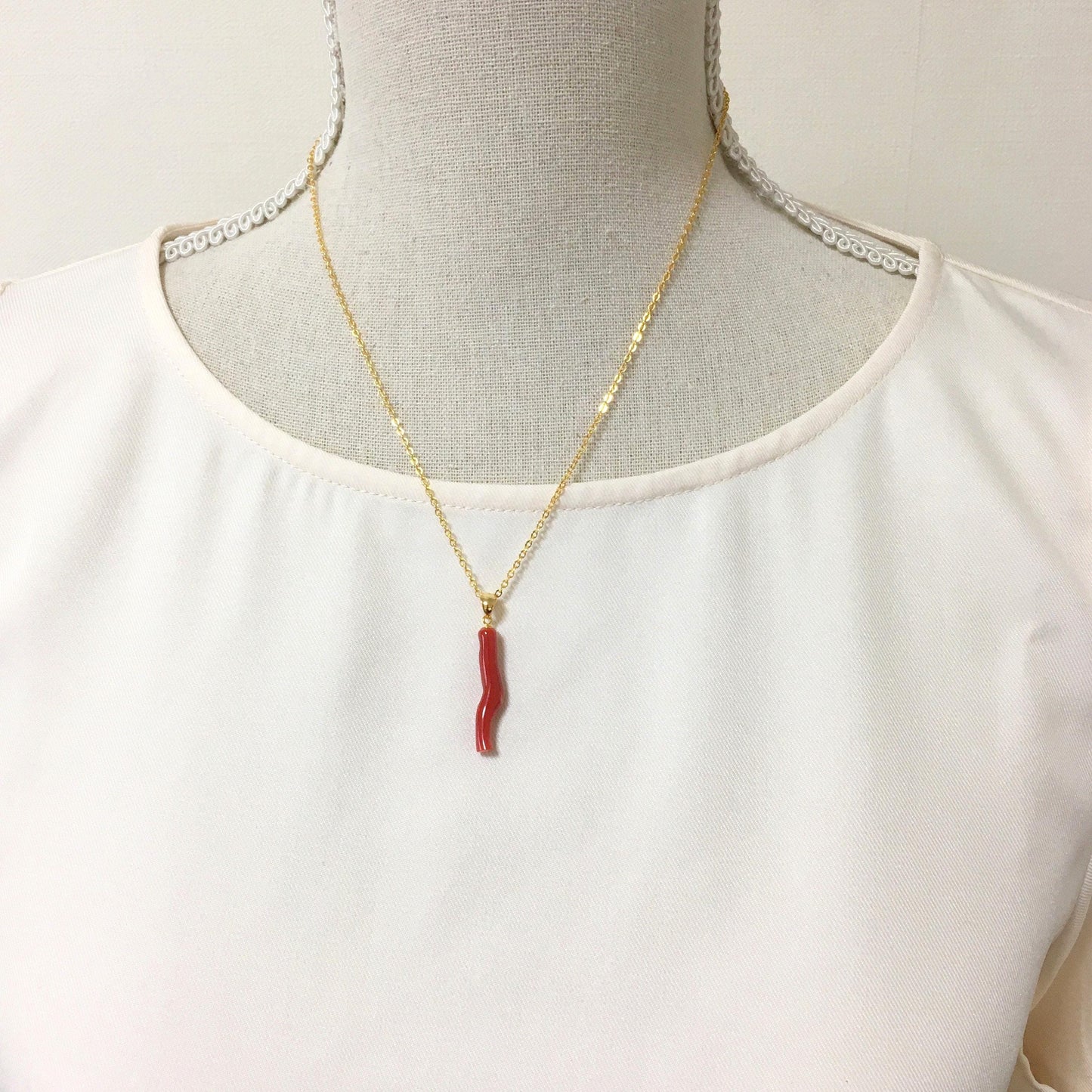 Natural  Red (Aka) Coral Branch Pendant, Oxblood, Natural Color Japanese Coral, Length 27mm, Silver bail (gold plated)