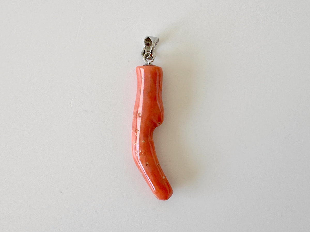Momo Coral Branch Pendant Natural Jewelry, Japanese Orange Coral (35mm Length, Rhodium-Plated Silver Bail)