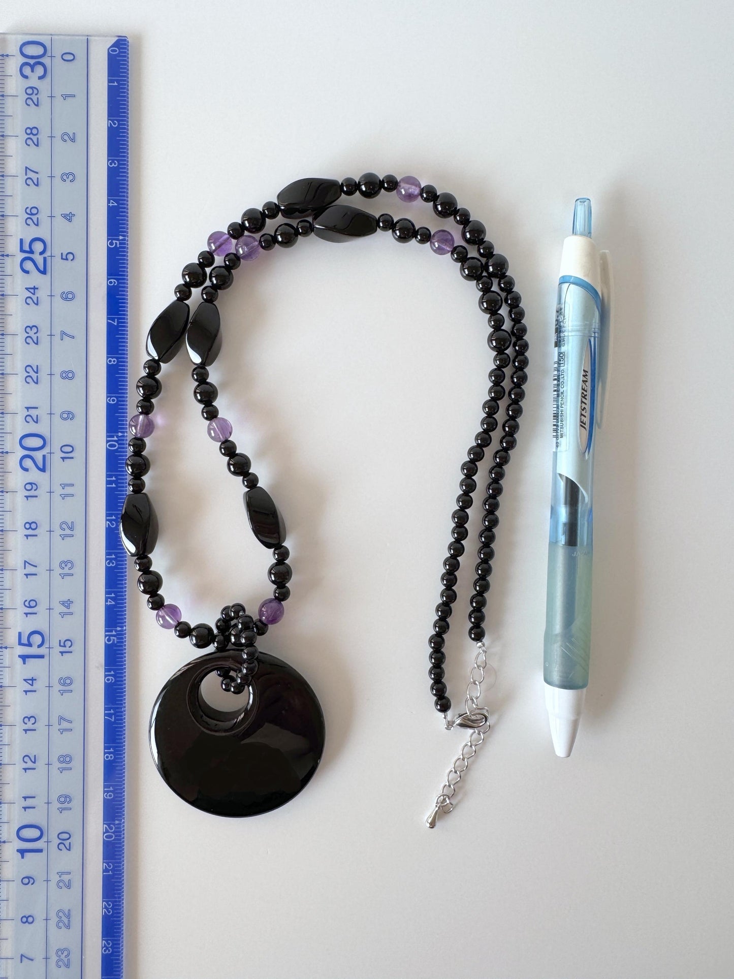 Onyx, Amethyst Necklace with Pendant, Brass Hook & Adjuster