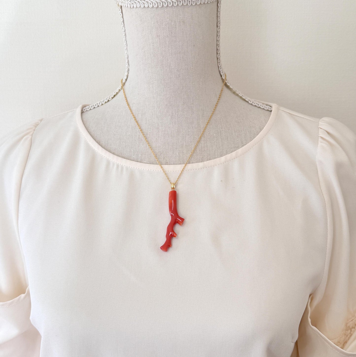 Natural Red Coral Branch Pendant: Japanese Aka Coral, Gold Plated Silver Bail, 55mm