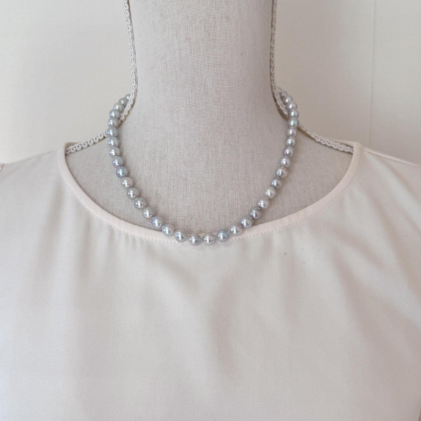 Japanese Akoya Pearl Necklace - Natural Blue Silver, 7.5-8mm