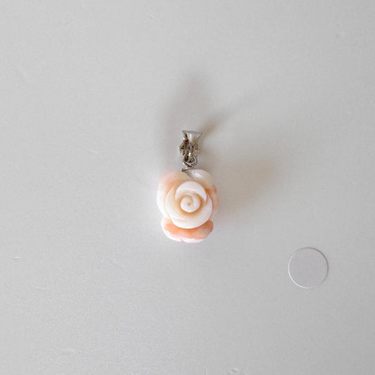 Genuine Coral Rose Pendant: Pink and White Carved Deep Sea Coral Jewelry (Silver Bail, 13.9x11.7mm, Amulet)