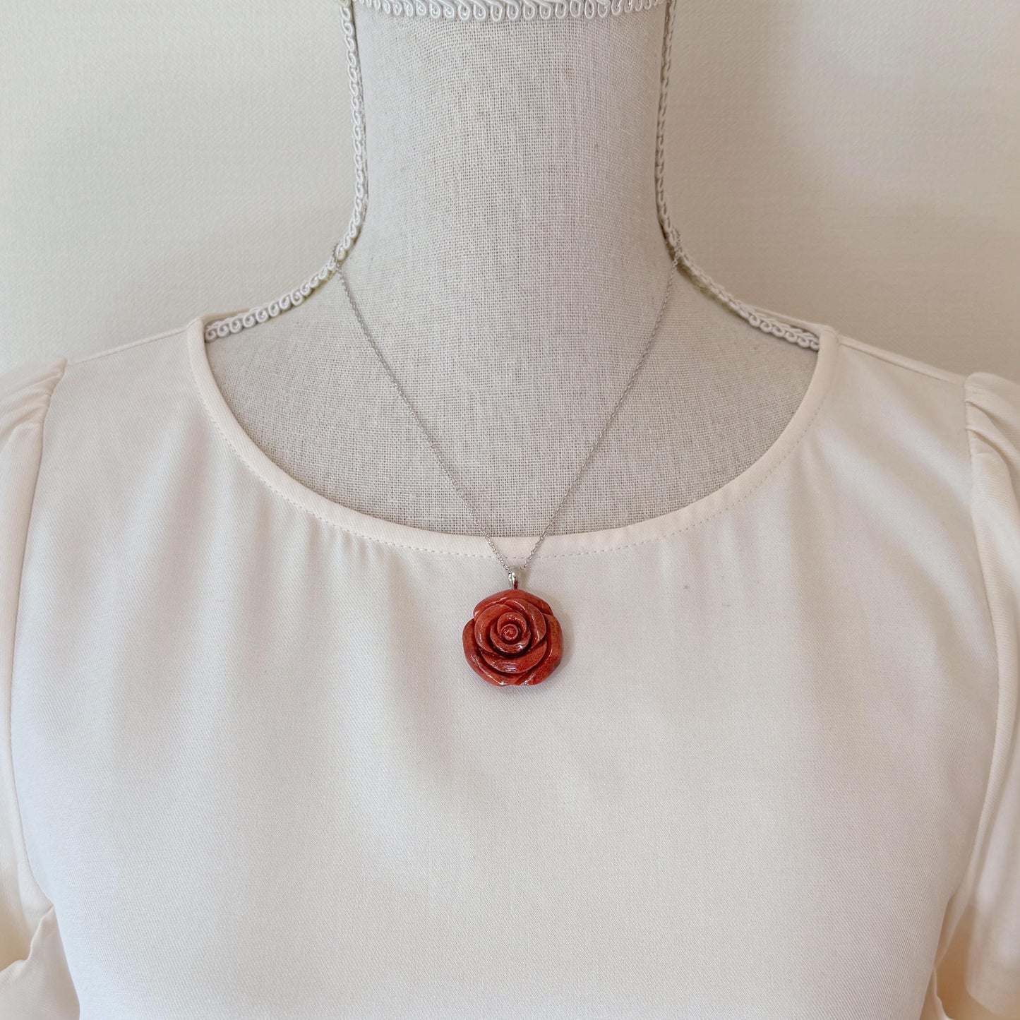 Sponge Coral Rose Pendant - Reddish-Brown Carved Jewelry - 30mm Diameter, Brass Bail, Apple Coral