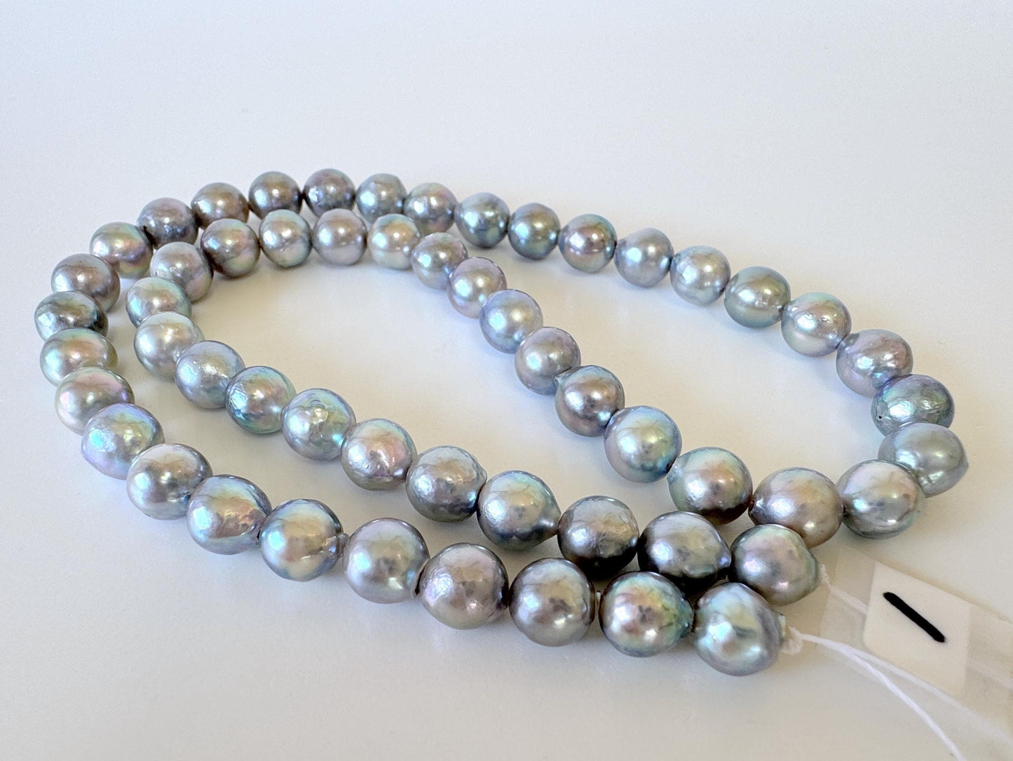 Japanese Akoya Pearl Strand - Cultured Semi-Round Beads - Natural Blue Silver Color, 7-7.5mm Size, Full 40cm Length