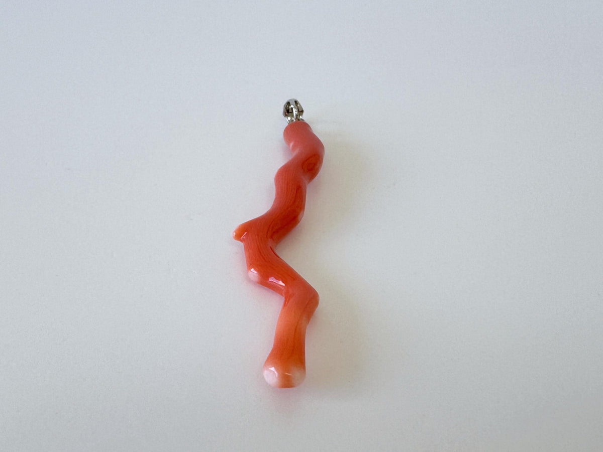Momo Coral Branch Pendant Natural Jewelry, Japanese Orange Coral (55mm Length, Rhodium-Plated Silver Bail)