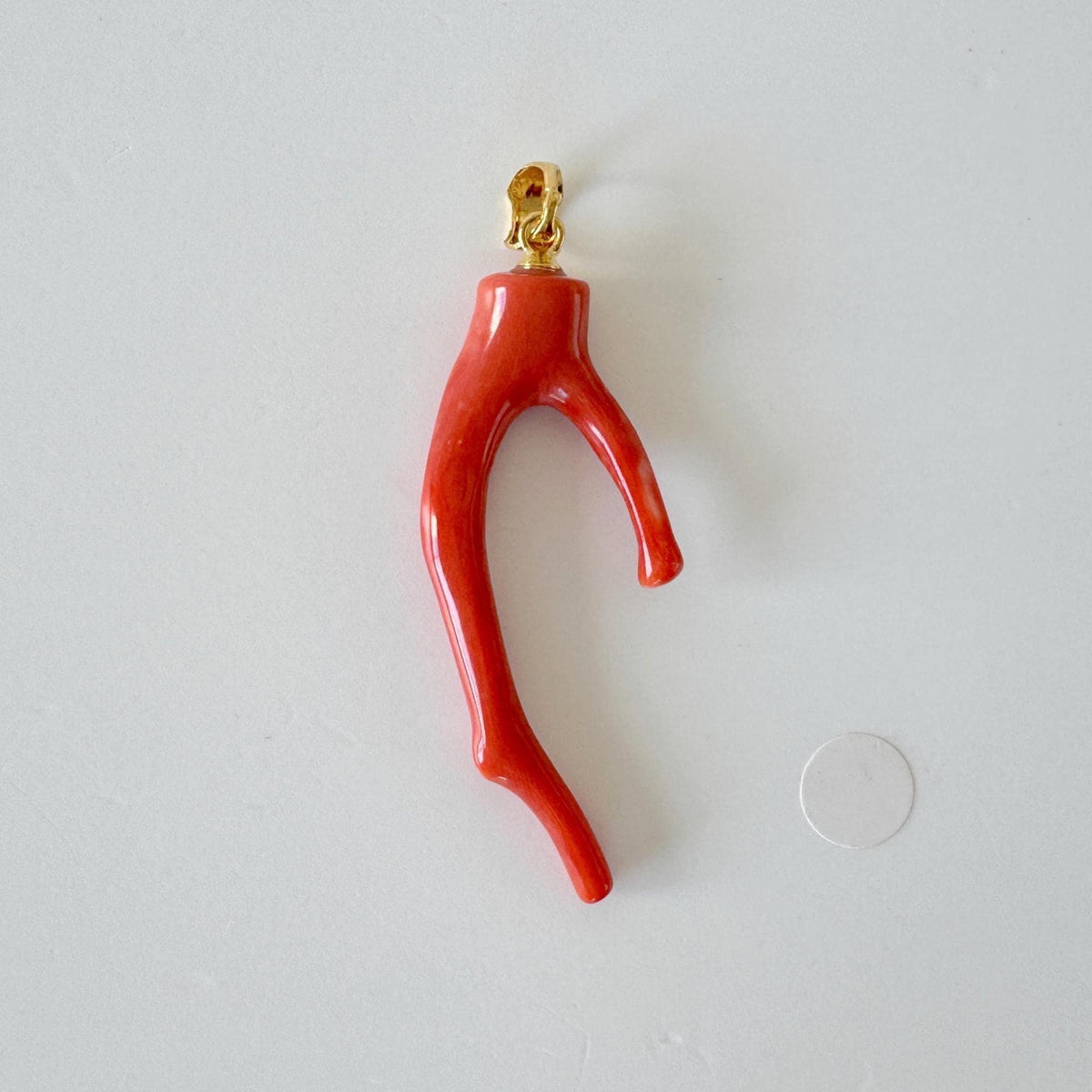 Momo Coral Branch Pendant Natural Jewelry: Vermilion Orange Japanese Coral (42mm, Silver Gold-Plated Bail, Lightweight)