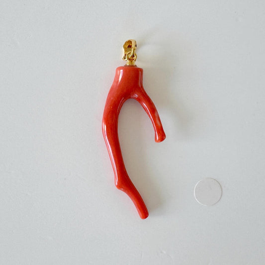 Momo Coral Branch Pendant Natural Jewelry: Vermilion Orange Japanese Coral (42mm, Silver Gold-Plated Bail, Lightweight)